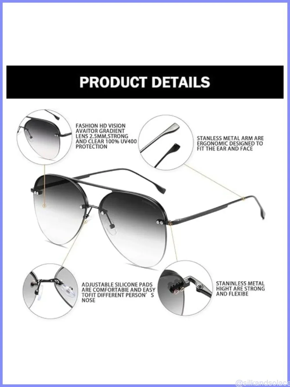 Rimless Aviator Sunglasses Oversized Gradient Mirrored UV400